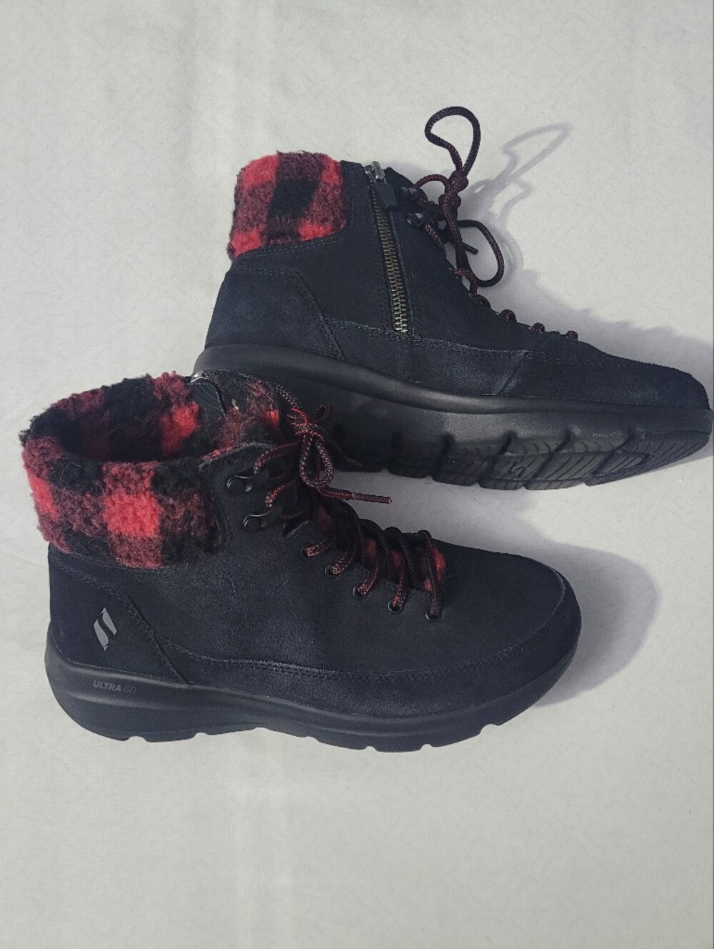 Skechers Black Suede Winter Boots with Red Plaid Cuff